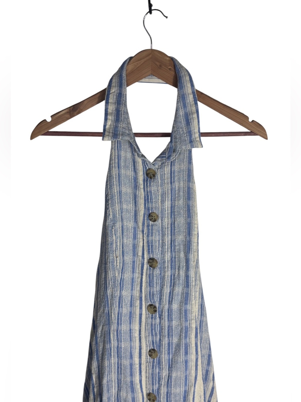 Blue Cream Striped Halter Button Front Boho Dress Size L Coastal Cottagecore